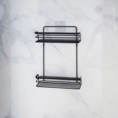 Shower rack, 2-tier, straight model, metal with 2 adhesive strips, black