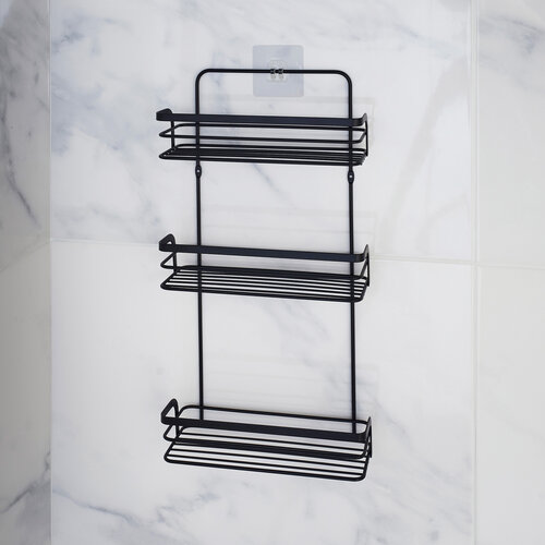 Shower rack 3-layer straight metal with 2 suction cups black