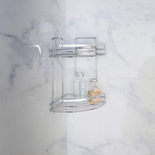 Support de douche 2 couches d'angle en métal avec 2 ventouses chrome