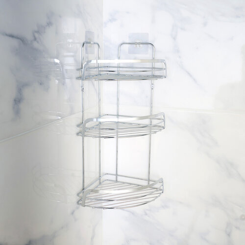 Shower rack 3-layer corner metal with 2 suction cups chrome