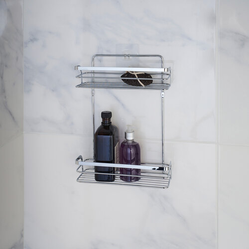Support de douche 2 couches droit en métal avec 2 ventouses chrome
