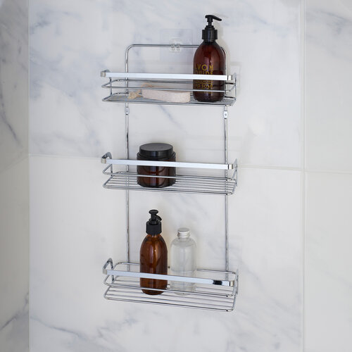 Étagère de douche à 3 niveaux, modèle droit, en métal, avec 2 bandes adhésives chromées