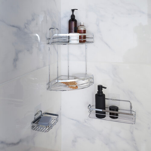 Shower rack, 3-tier, straight model, metal with 2 adhesive strips, chrome