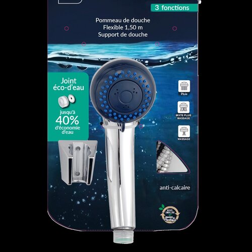 Shower head set 3 functions including hose 1.5 metres and mounting hook