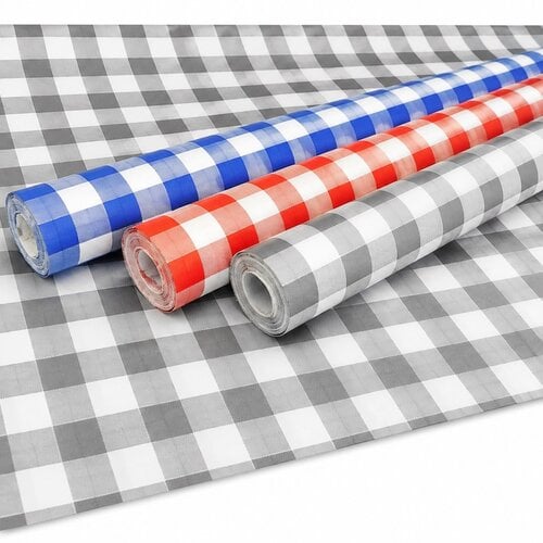 Damast table paper on a roll, 120cm x 8m, mixed colours: red checks (9), blue (8) and grey (8)