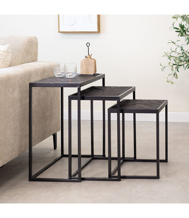 Dulce Black Herringbone Table d'Appoint Industrielle Set De 3