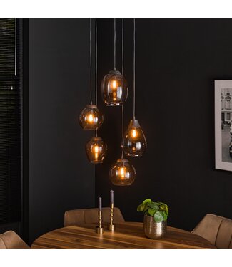 Felien Suspension 5 lumières étagées mixtes verre chromé