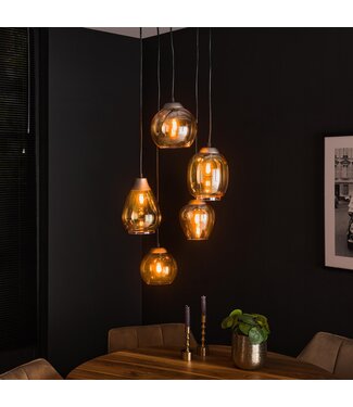 Felien Suspension 5 lumières en verre ambré mélangé