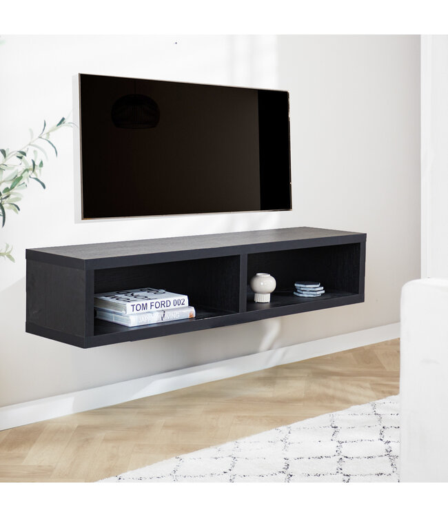 TV Lowboard suspendu avec compartiments ouverts Bernie noir 145x30x35 cm
