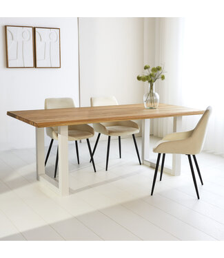 Table de salle à manger Milas chêne 180x90 cm piètement en U blanc