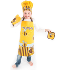 Keukenset kids Bees - koksmuts, ovenwant, keukenschort, pannenlap