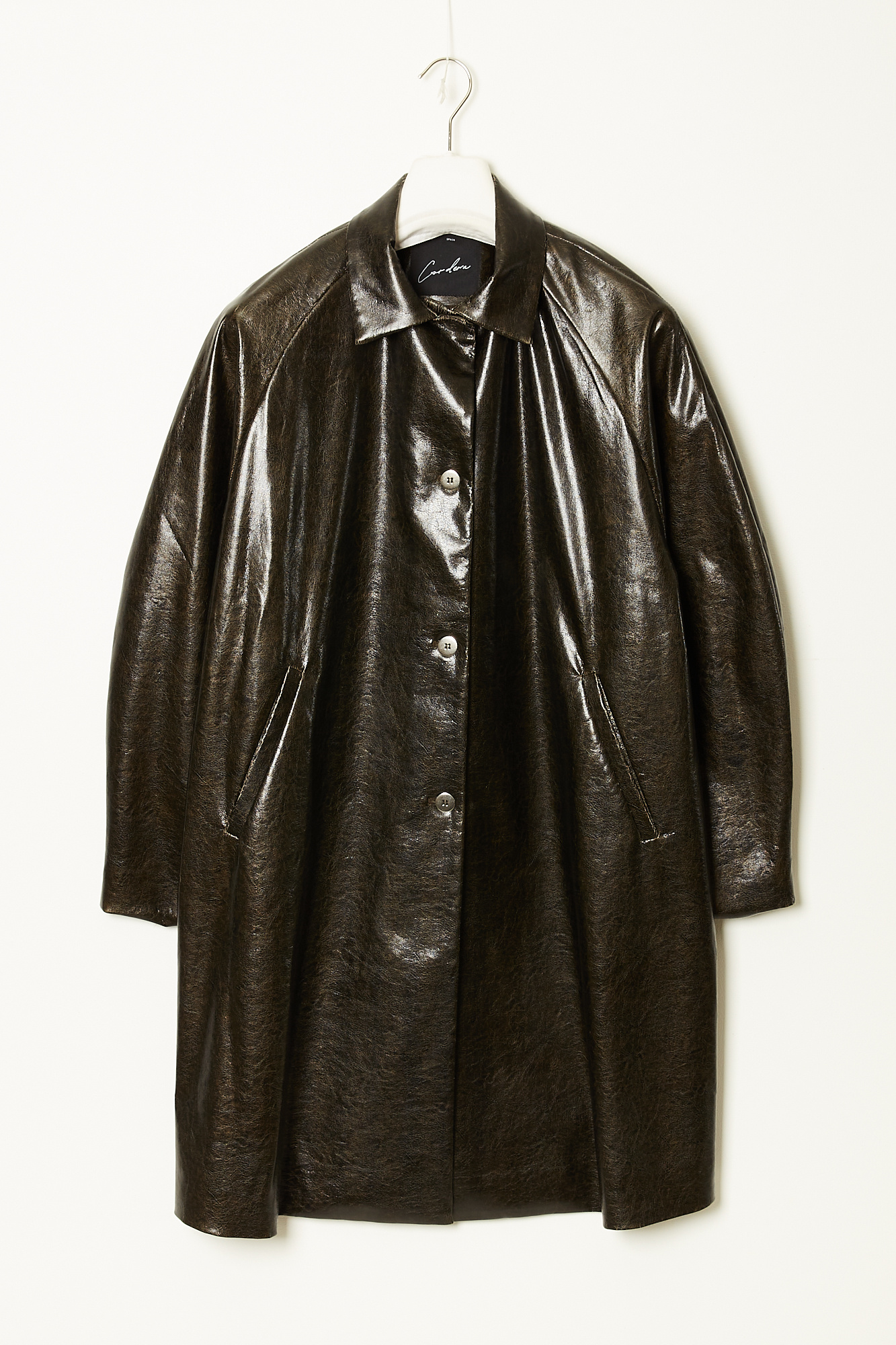  - Faux scratched leather coat