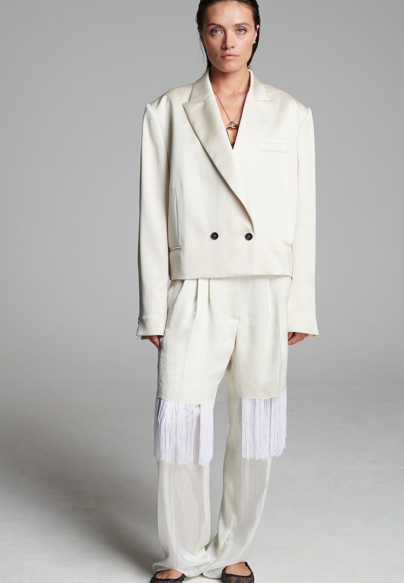 Frenken - Sharp satin fringe blazer