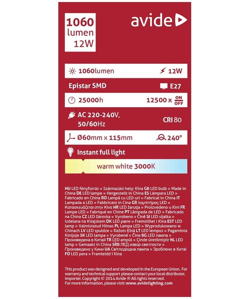 Avide LED Lamp Peer Duo Pack A60 12W E27 WW 3000K
