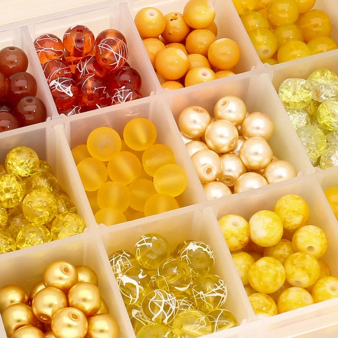 Box avec assortiment de 24 perles rondes en verre 8 mm - Yellow mix