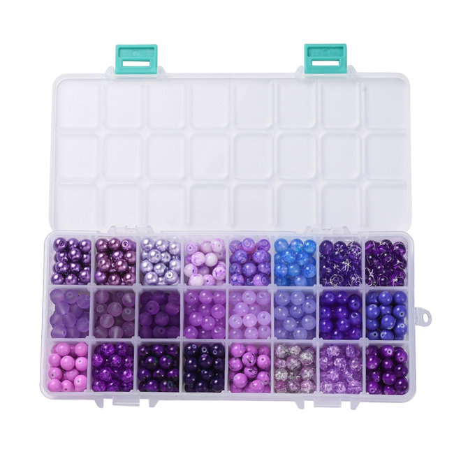 Box mit Sortiment von 24 runden Glasperlen 8 mm - Purple mix