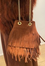Rust buckskin pouch bag with chain belt with fringles.