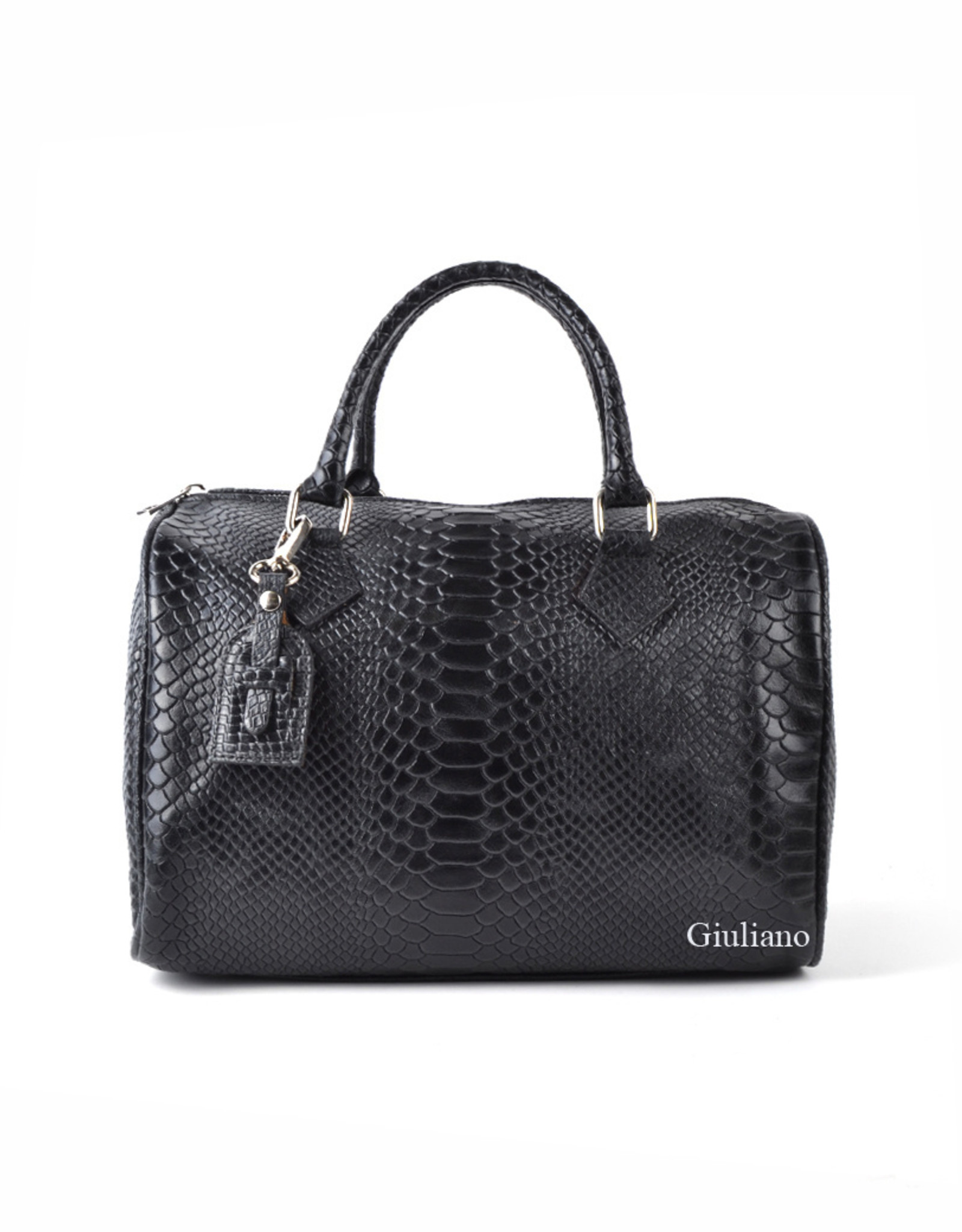 Crocodile-print leather bowling bag, black