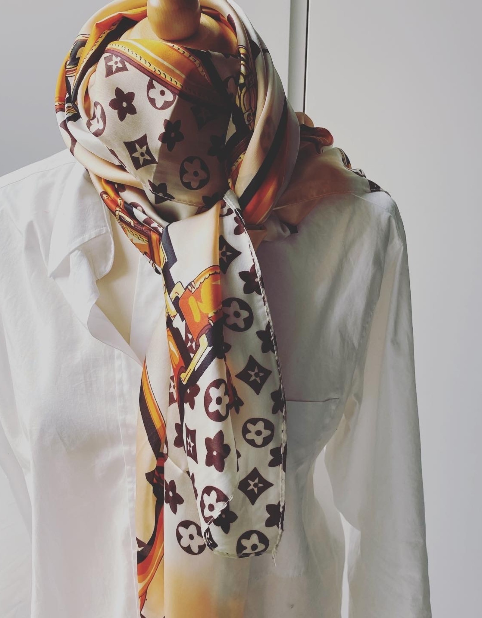 Square satin scarf with brand logo, brown/beige with orange colors. -  TopU-Up