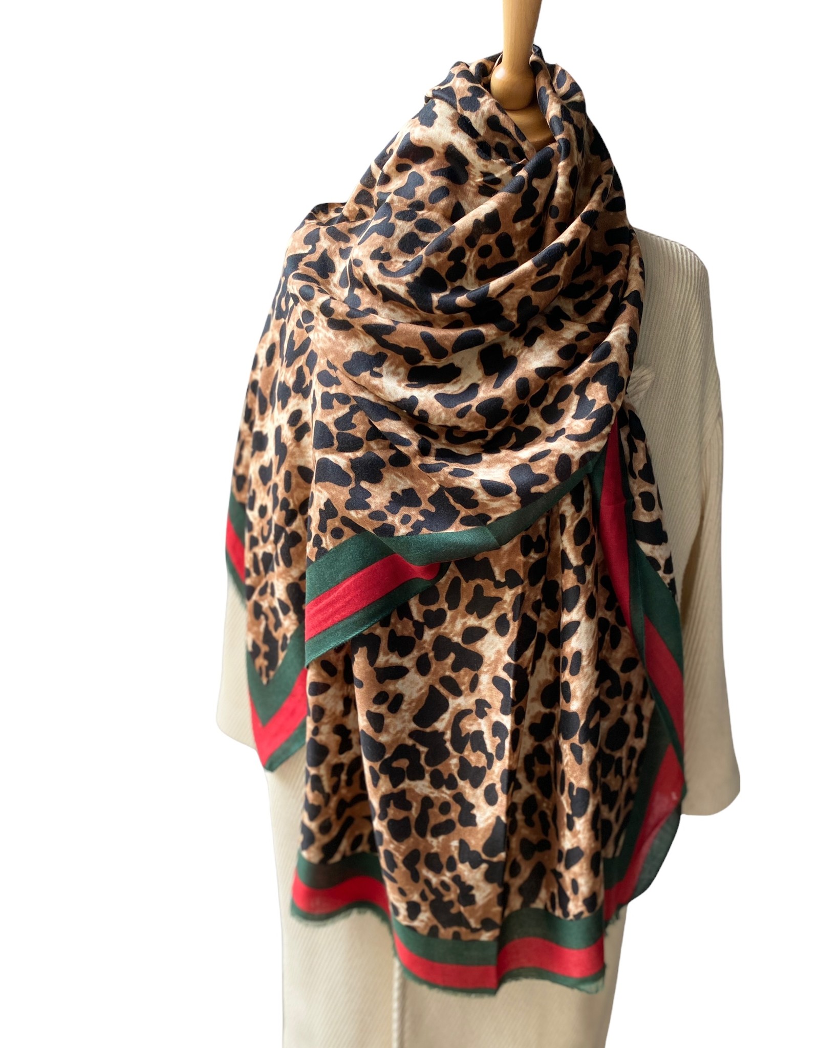 Coton scarf leopardprint with green/red stripe