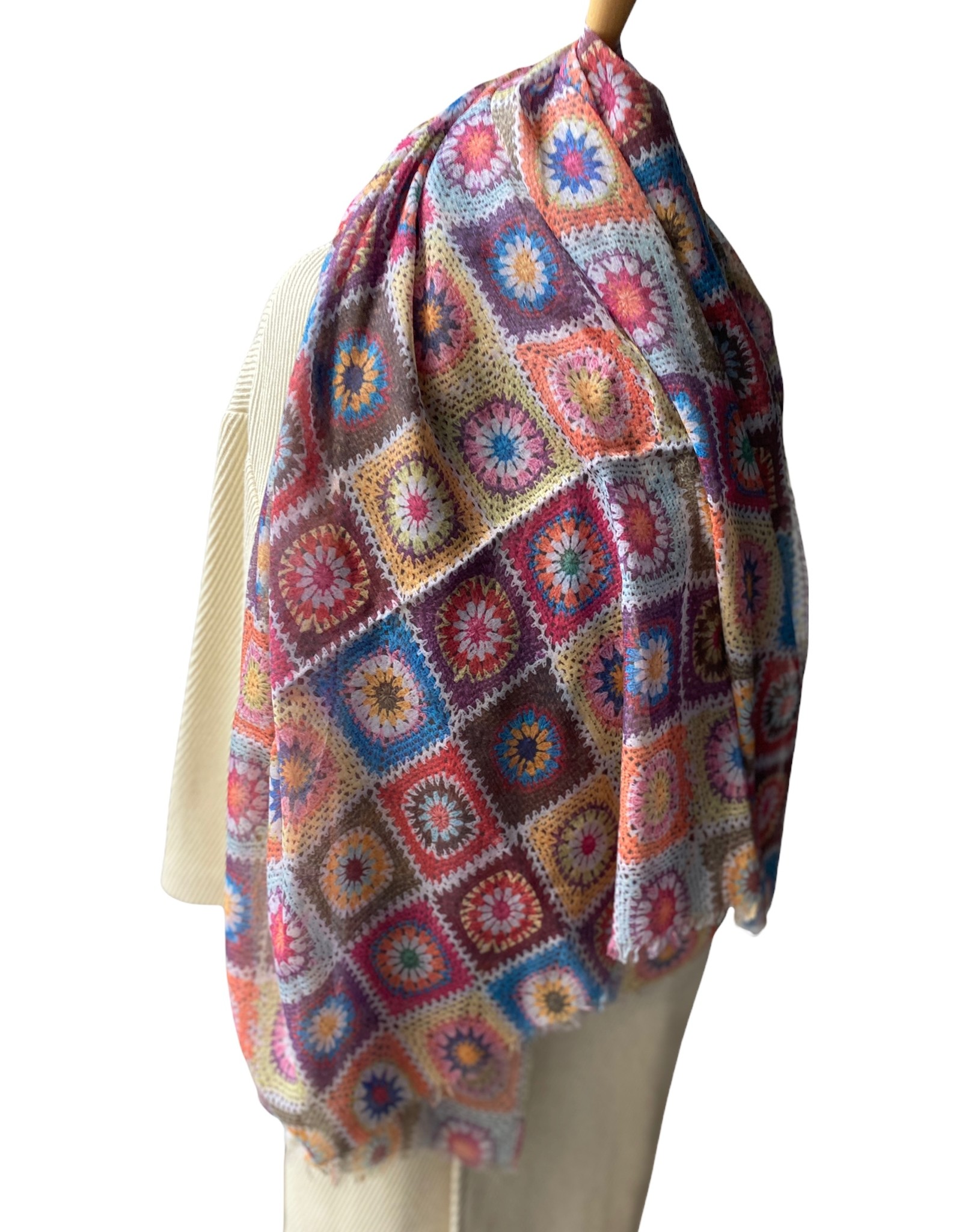 Patchwork getekende sjaal in katoen, multicolor