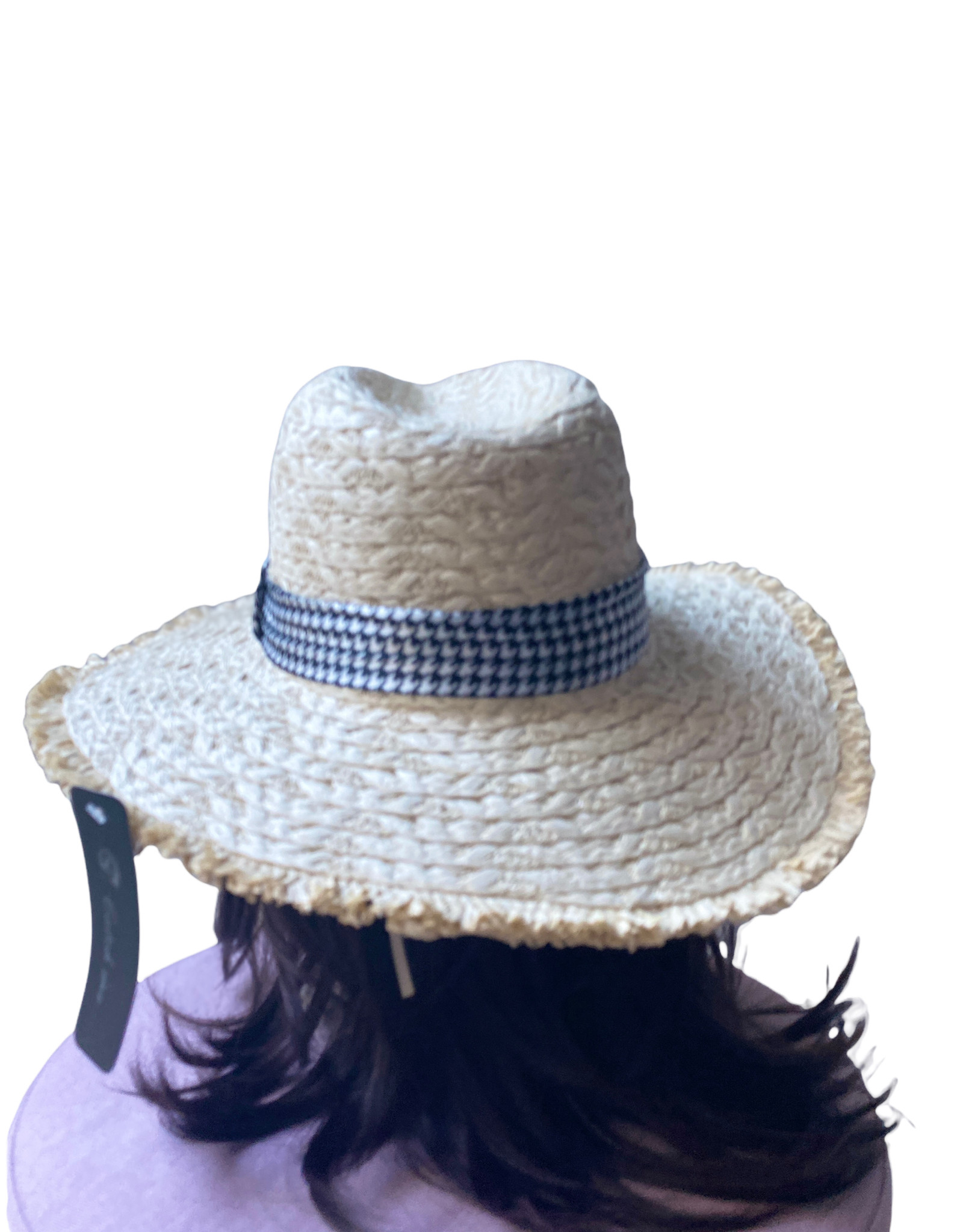 Coarse braided wicker hat with houndstooth ribbon around