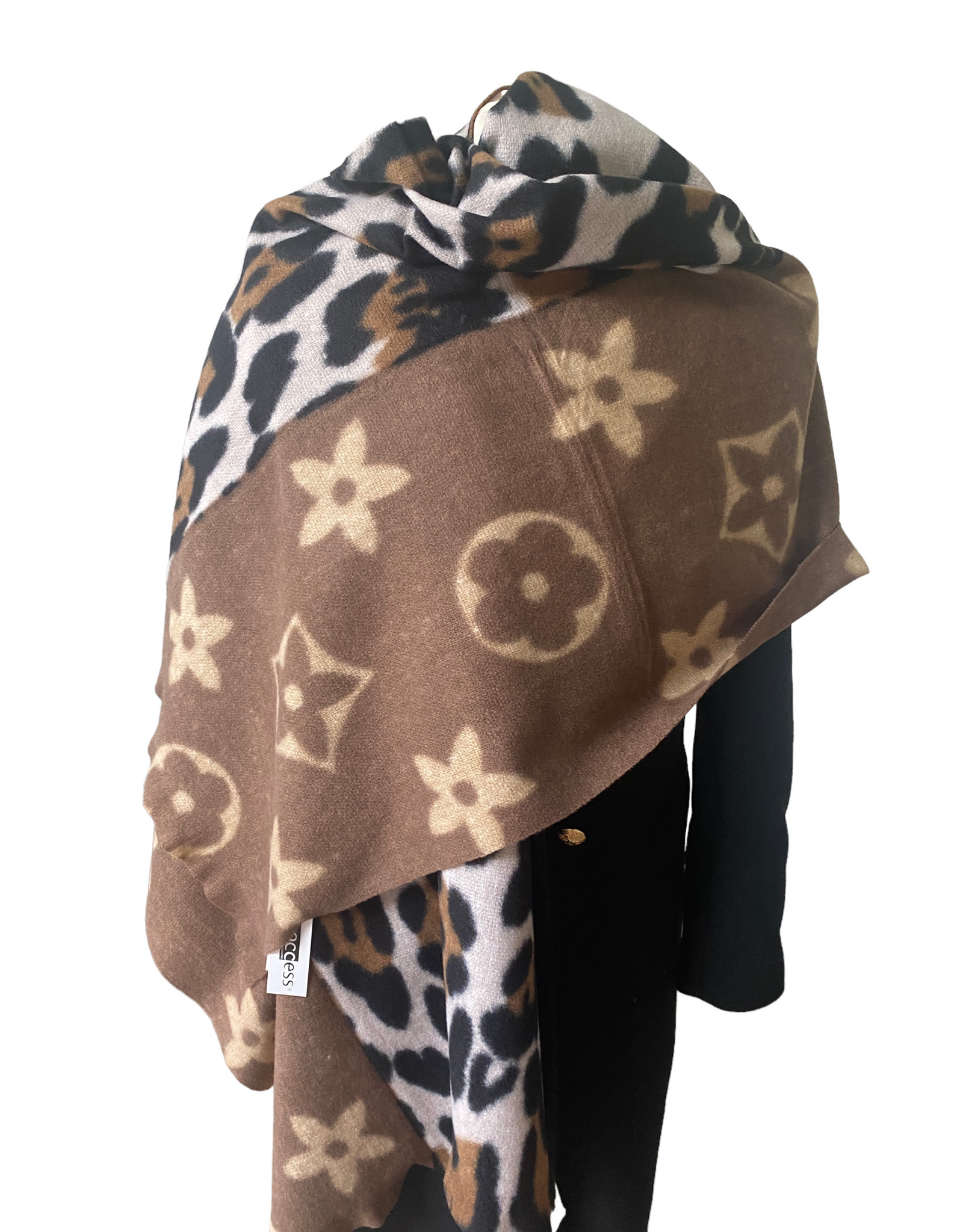 Langwerpige bruine tinten sjaal combi met leopard print en brand logo. Superzachte stof.