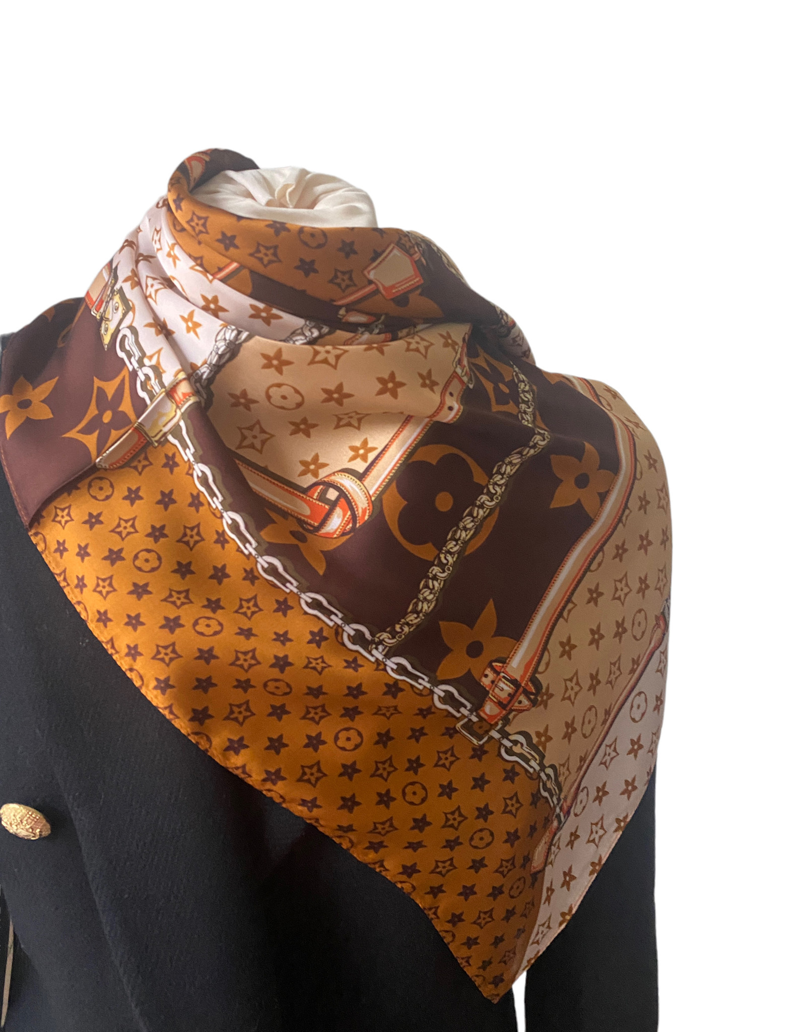Vierkante santijnen sjaal met brand logo. Bruin/beige tinten met oranje