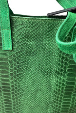 Green serpent leather shopper, handles in buckskin.  Closes with zipper.