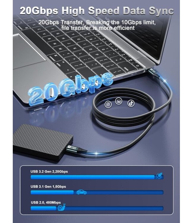 OFFICE-SHOP.BE USB-C TO USB-C Cable 2M - 100W PD - 20 Gbps Data