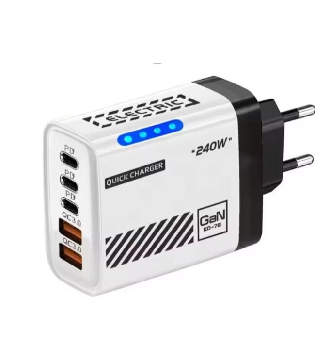 OFFICE-SHOP.BE AC ADAPTER GaN 240W WIT - 3xUSB-X 2xUSB - 5V 3A, 9V 2,25A, 12V 1,5A
