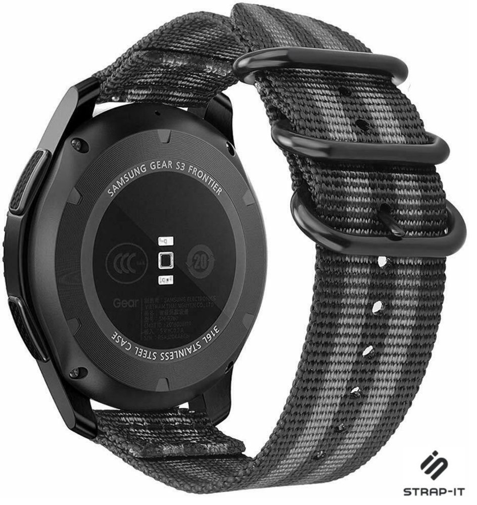 Strap-it® Strap-it Samsung Galaxy Watch 3 -  45mm nylon gesp band (zwart/grijs)