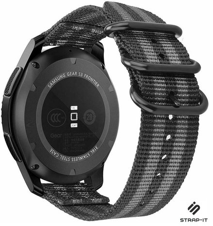 Strap-it® Strap-it Samsung Galaxy Watch 3 -  45mm nylon gesp band (zwart/grijs)