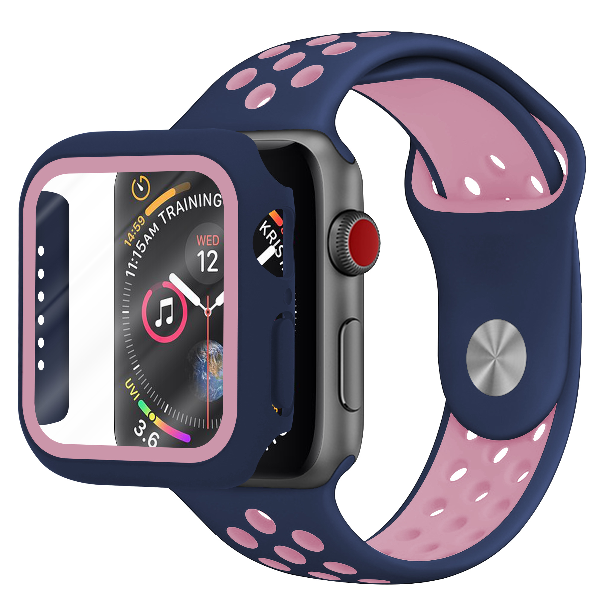 Apple Watch sport band TPU case blauw roze Smartwatchbanden