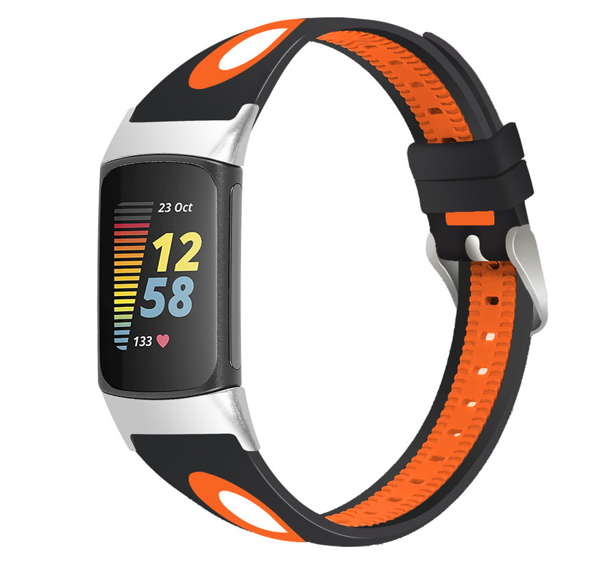 Strap-it Fitbit Charge 5 sport gesp band (zwart/oranje)