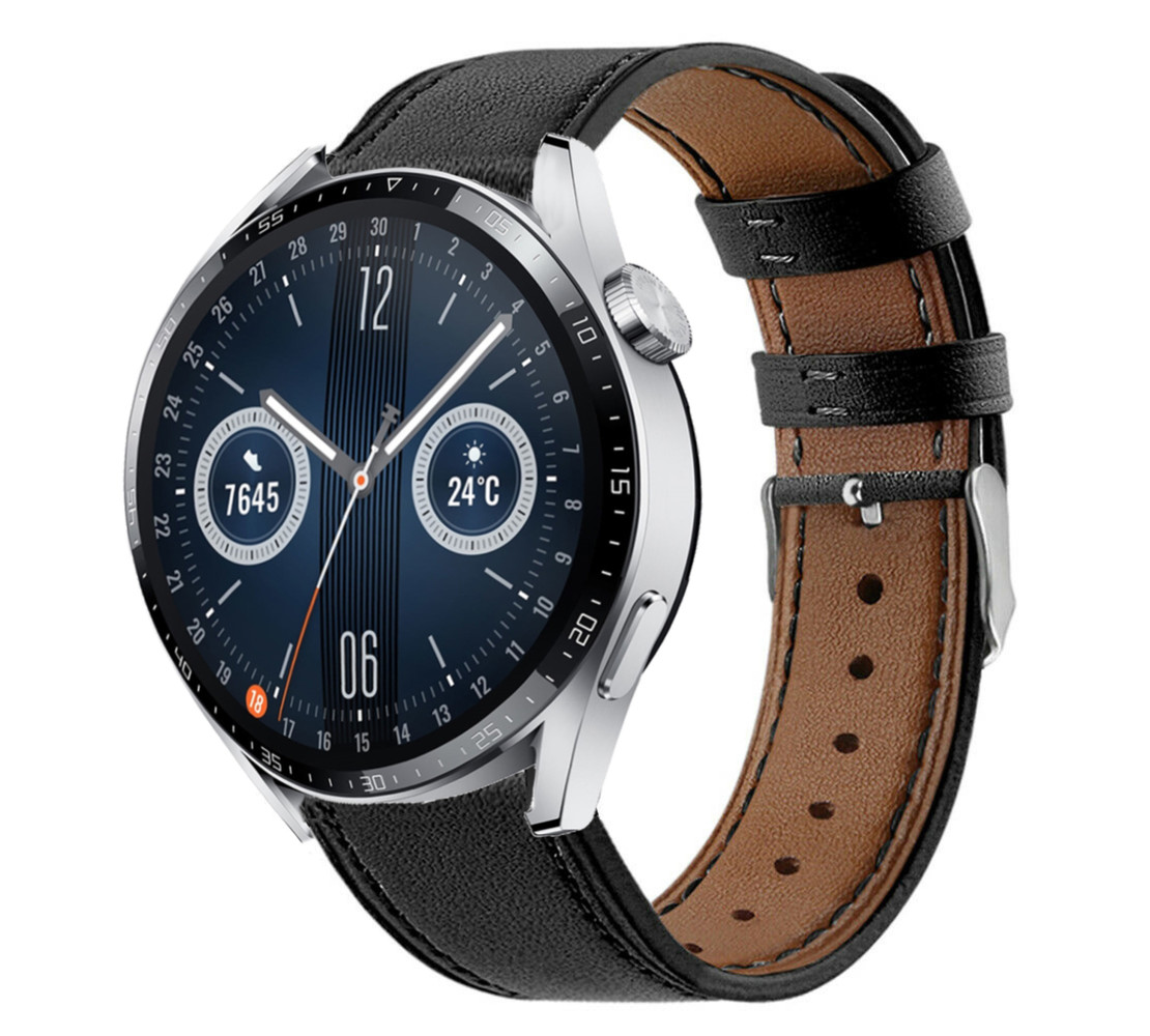 Strap-it® Strap-it Huawei Watch GT 3 46mm bandje leer (strak-zwart) Strap-it® Strap-it Huawei Watch GT 3 46mm bandje leer (strak-zwart)