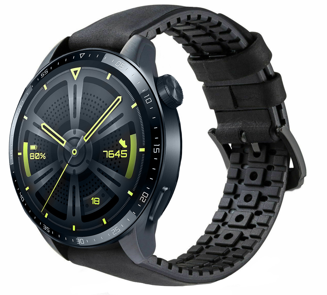 Strap-it® Strap-it Huawei Watch GT 3 46mm siliconen / leren bandje (zwart)