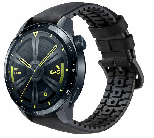 Strap-it® Strap-it Huawei Watch GT 3 46mm siliconen / leren bandje (zwart)