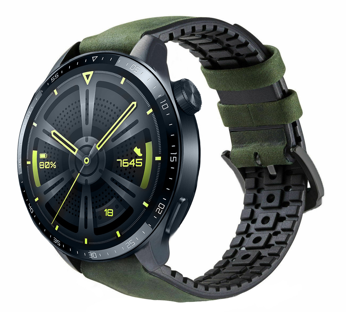 Strap-it® Strap-it Huawei Watch GT 3 46mm siliconen / leren bandje (zwart/groen)