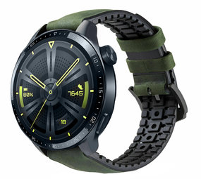Strap-it® Huawei Watch GT 3 46mm siliconen / leren bandje (zwart/groen)