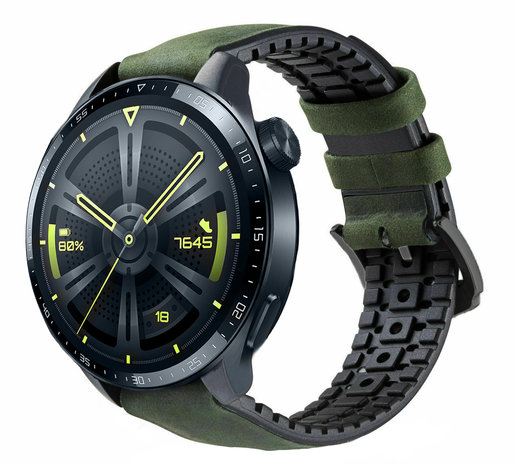 Strap-it® Strap-it Huawei Watch GT 3 46mm siliconen / leren bandje (zwart/groen)