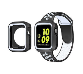 Strap-it® Apple Watch 7 sport band + TPU case (wit/zwart)