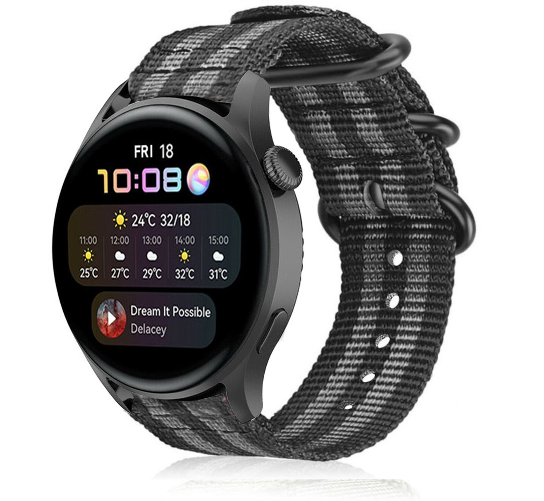 Strap-it® Strap-it Huawei Watch 3 (Pro) nylon gesp band (zwart/grijs)