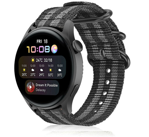 Strap-it® Strap-it Huawei Watch 3 (Pro) nylon gesp band (zwart/grijs)
