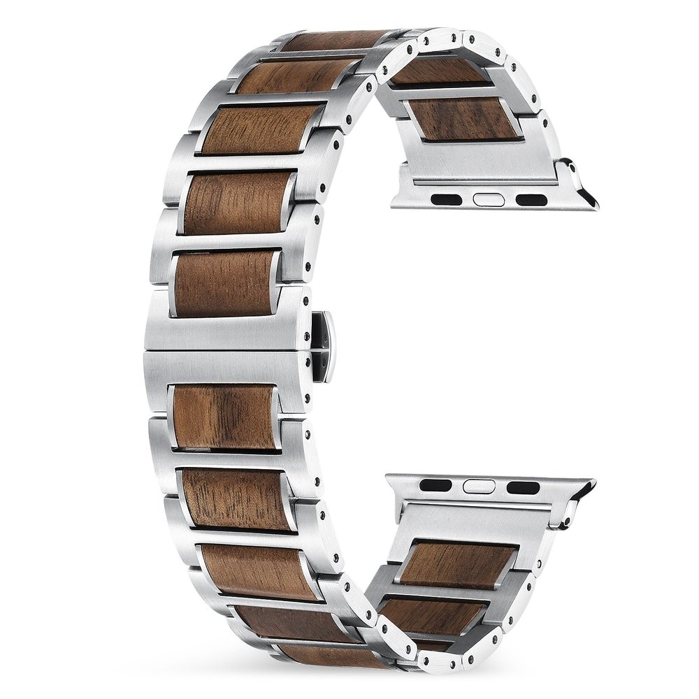 Strap-it® Strap-it Apple Watch stalen/houten bandje (zilver/bruin) Strap-it® Strap-it Apple Watch stalen/houten bandje (zilver/bruin)