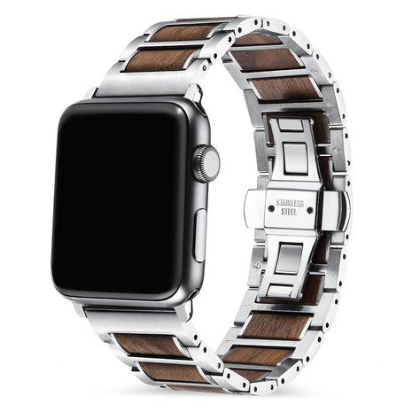 Strap-it® Strap-it Apple Watch stalen/houten bandje (zilver/bruin) Strap-it® Strap-it Apple Watch stalen/houten bandje (zilver/bruin)