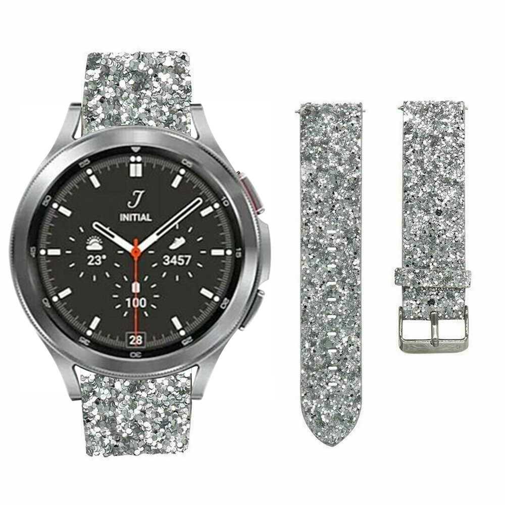 Strap-it® Strap-it Samsung Galaxy Watch 4 Classic leren glitter bandje (zilver) Strap-it® Strap-it Samsung Galaxy Watch 4 Classic leren glitter bandje (zilver)