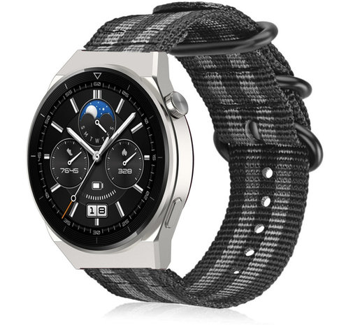 Strap-it® Strap-it Huawei Watch GT 3 Pro 46mm nylon gesp band (zwart/grijs)