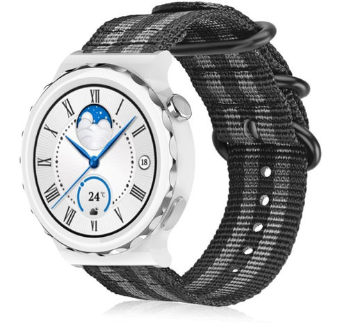 Strap-it® Strap-it Huawei Watch GT 3 Pro 43mm nylon gesp band (zwart/grijs)