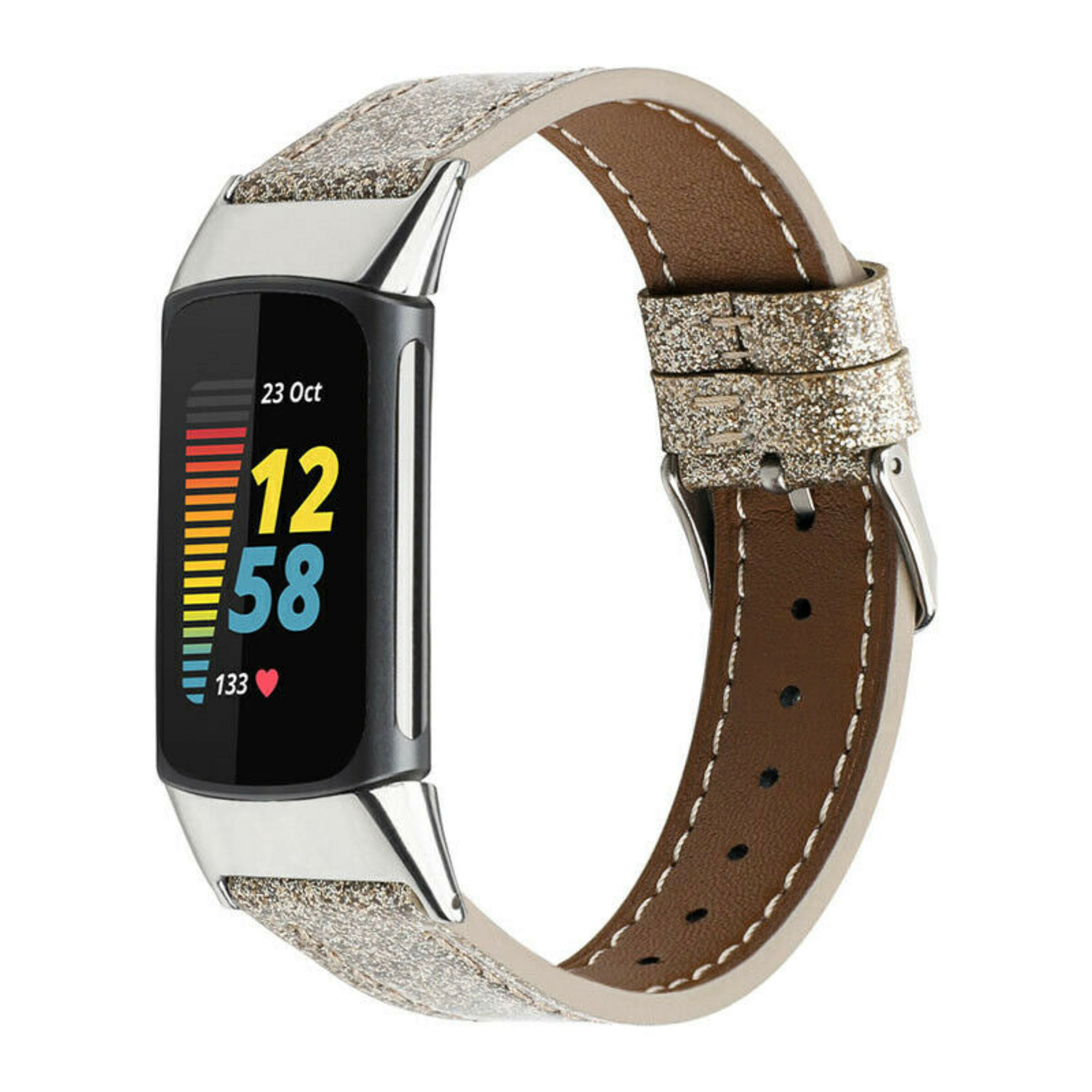 Rood blad paus Fitbit Charge 5 leren bandje (goud glitter) - Smartwatchbanden.nl